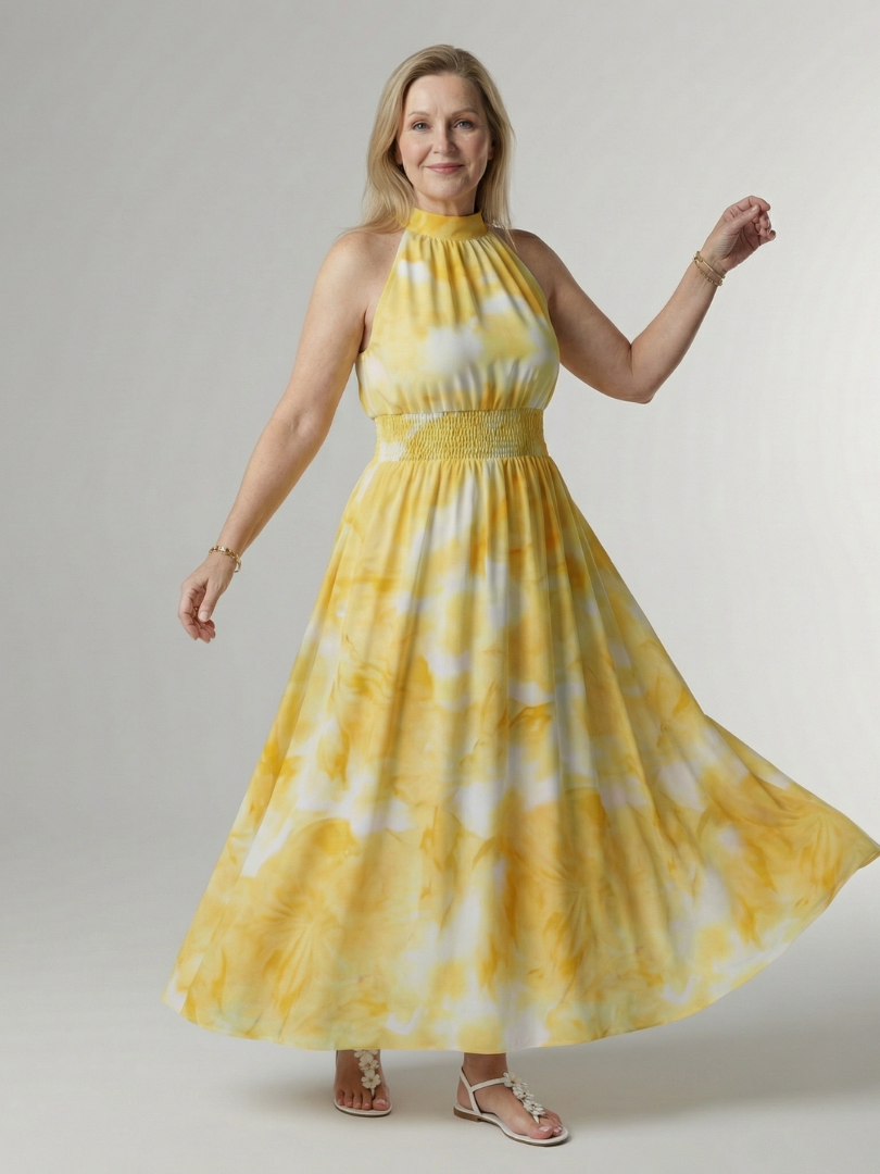 Sylin | Sukienka midi z marszczonym dekoltem halterowym