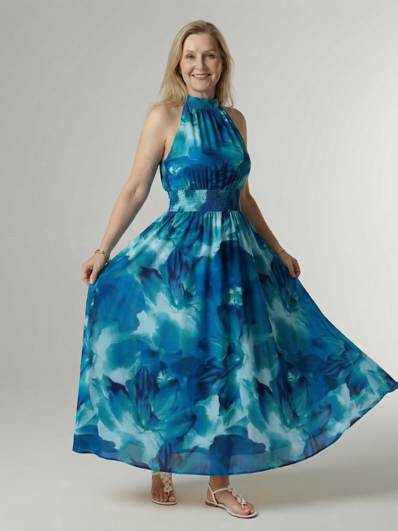 Sylin | Sukienka midi z marszczonym dekoltem halterowym