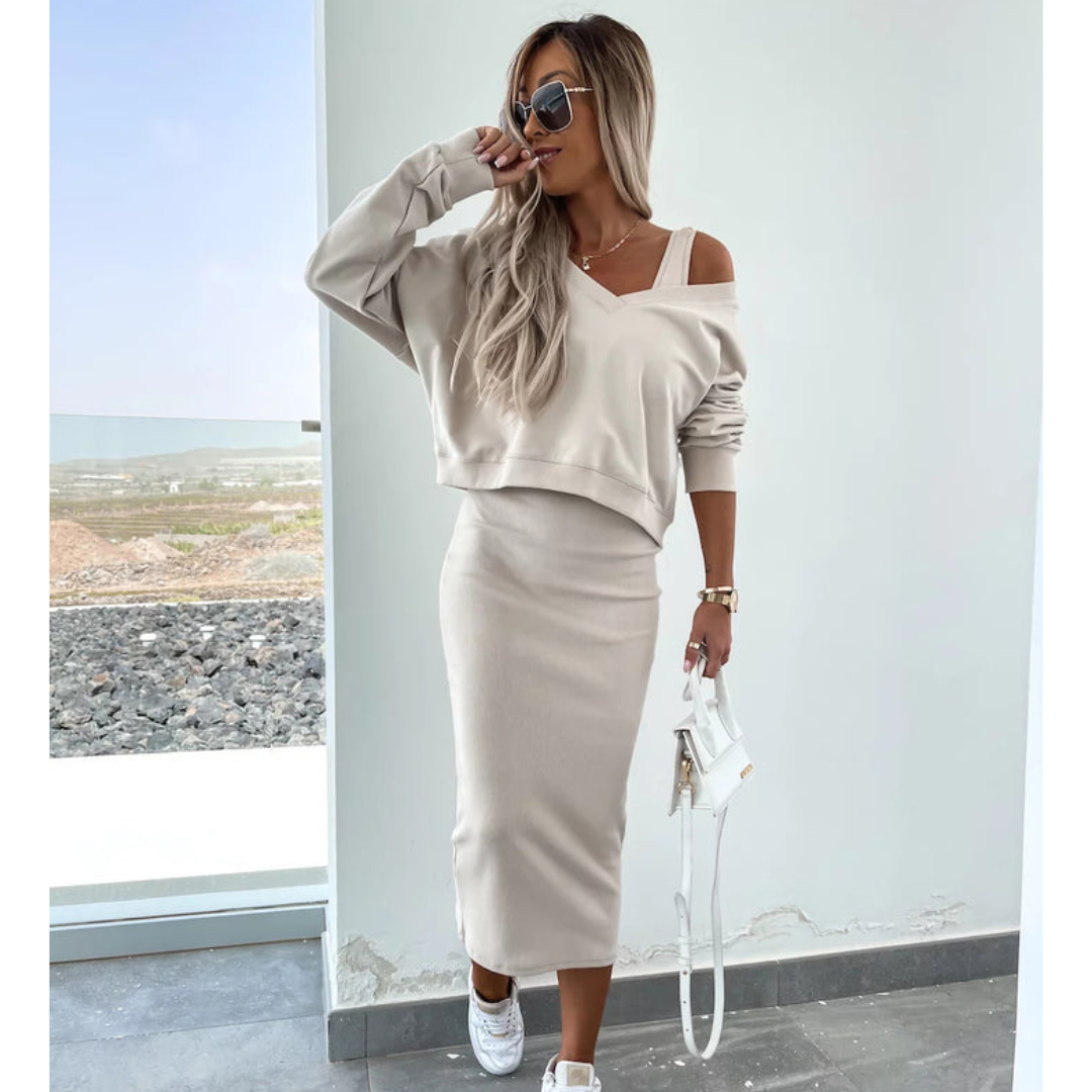 Senna | Zestaw z topem cold-shoulder i spódnicą midi