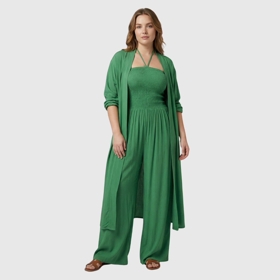 Bella | Podkreślający sylwetkę kombinezon z luźnym kimonem