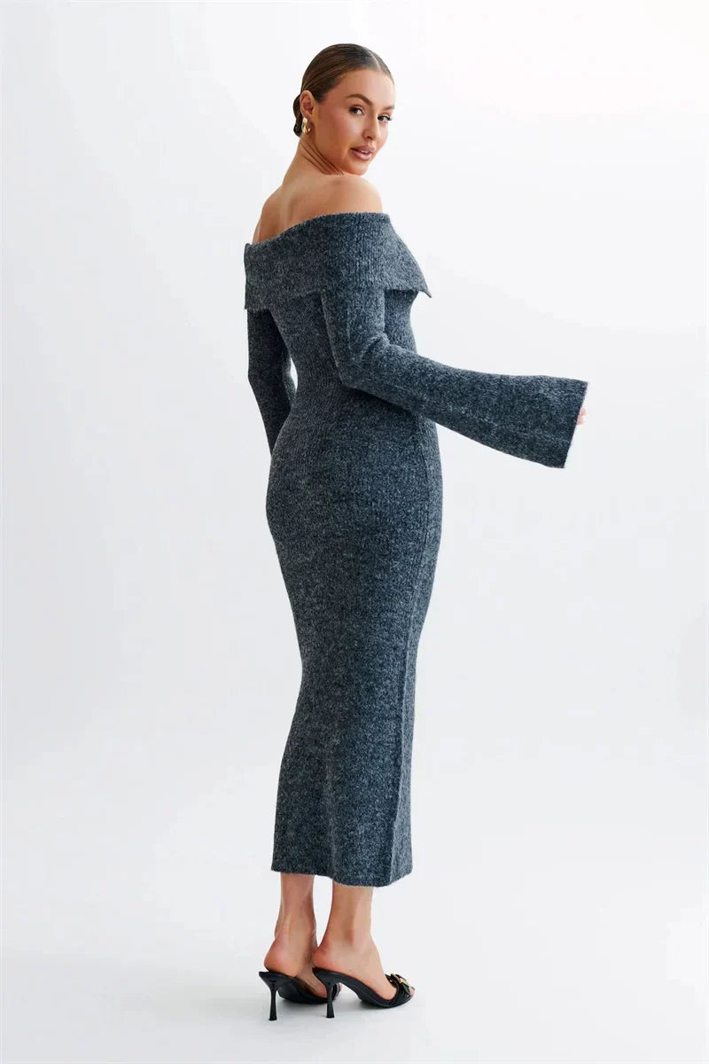 Sukienka midi Off-Shoulder Fluffy Knit