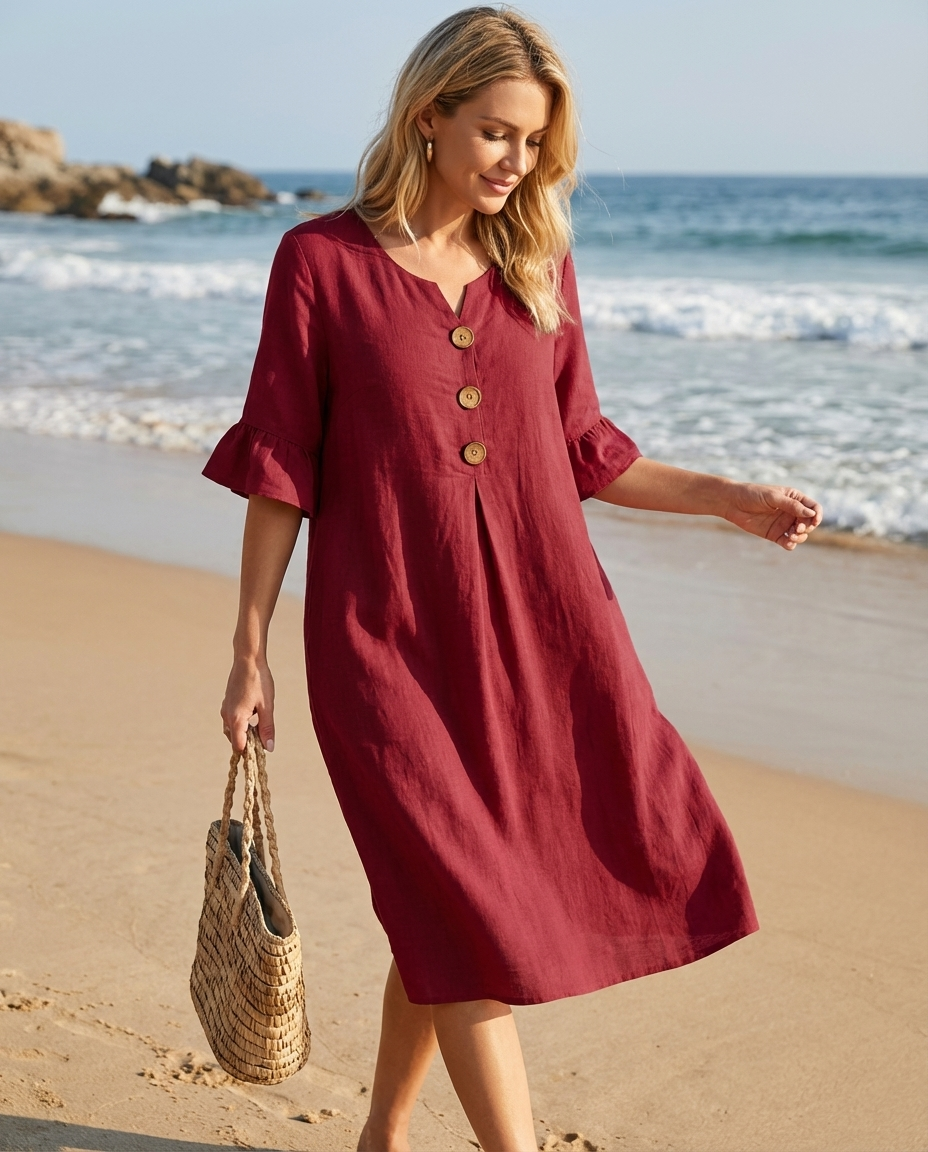 Anna – Lekka sukienka lniana z guzikami